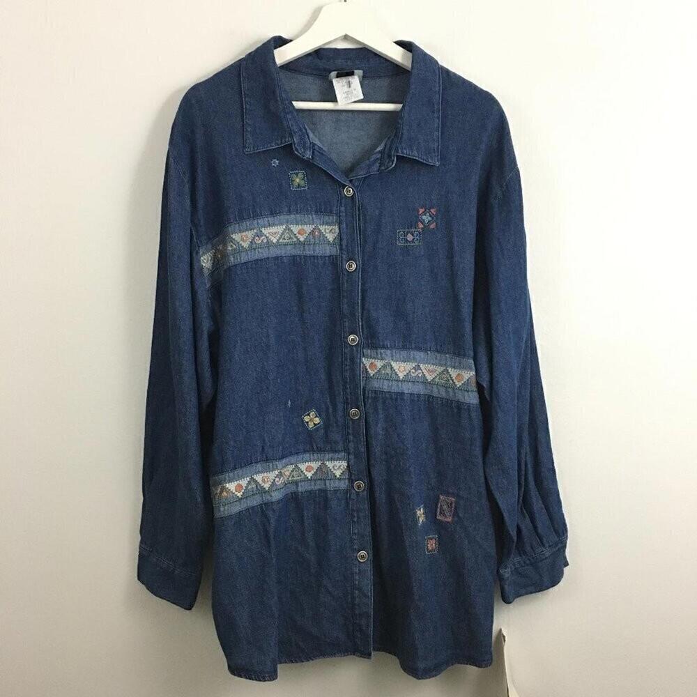 2/$25 NWT Teddi Women's 100% Cotton Patchwork Denim Button Down Shirt Size 2X